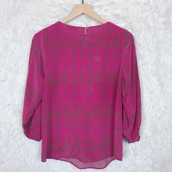 Ellie Kai Pure Silk Peasant Blouse Pink Brown Ikat 3/4 Sleeve Womens 00 XXS - Picture 4 of 7